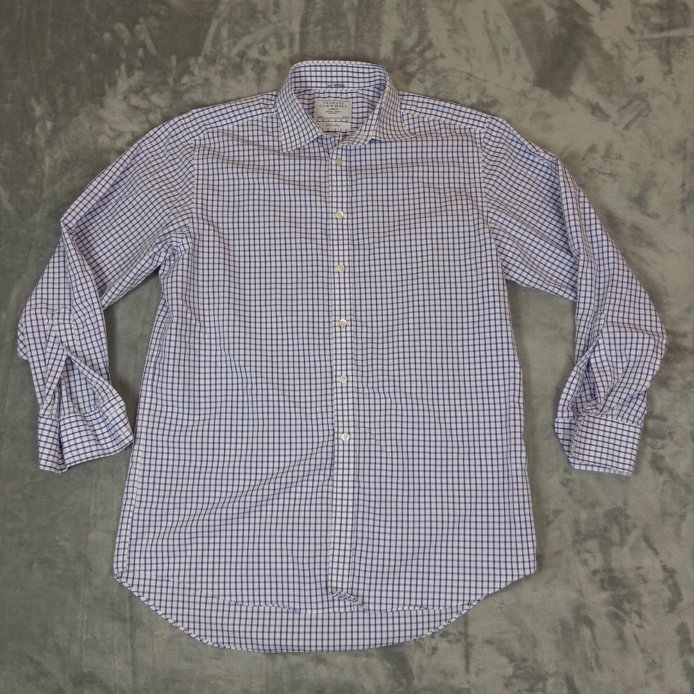 Charles Tyrwhitt Dress Shirt Mens 16/34 Blue Tattersall Non Iron Cotton Business